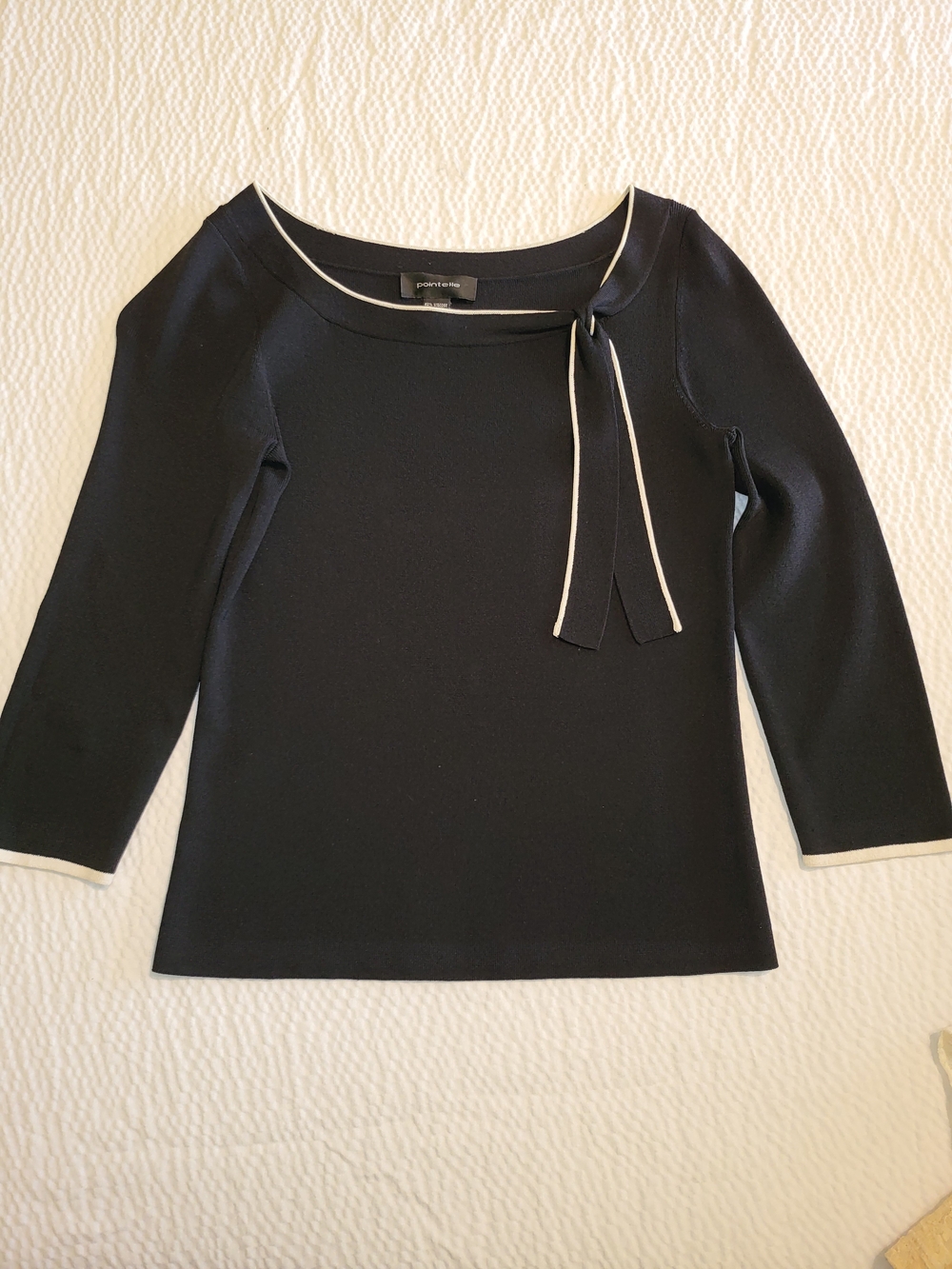 Pointelle New York Black Boatneck Tie-Accent Top